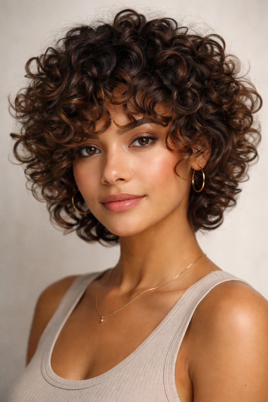 Portrait showing spiral curls with graduated layers and front face-framing curls