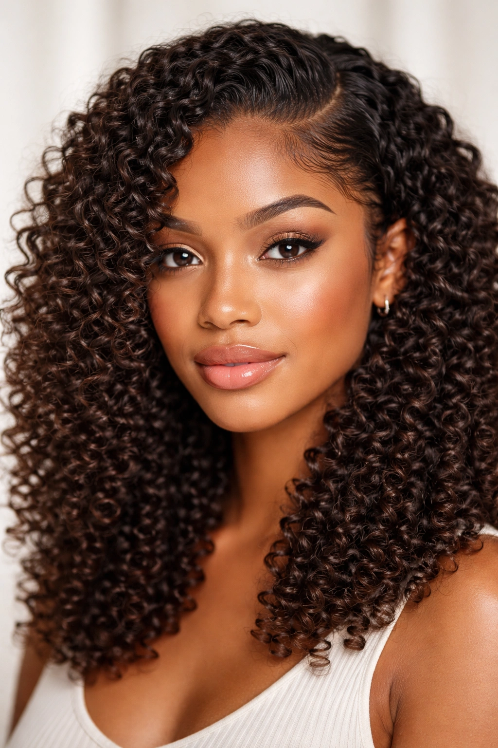 Close-up of spiral curls with defined edges along the hairline