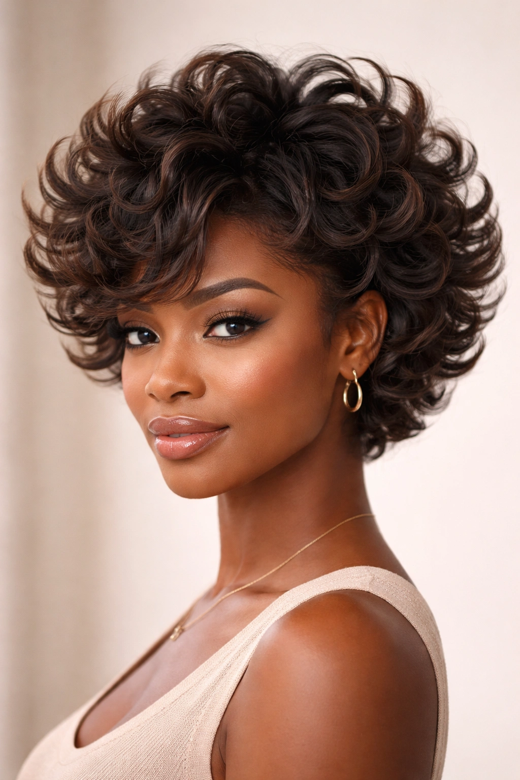 Close-up of a Black woman's spiraled curls flipping outward to form a rounded crown