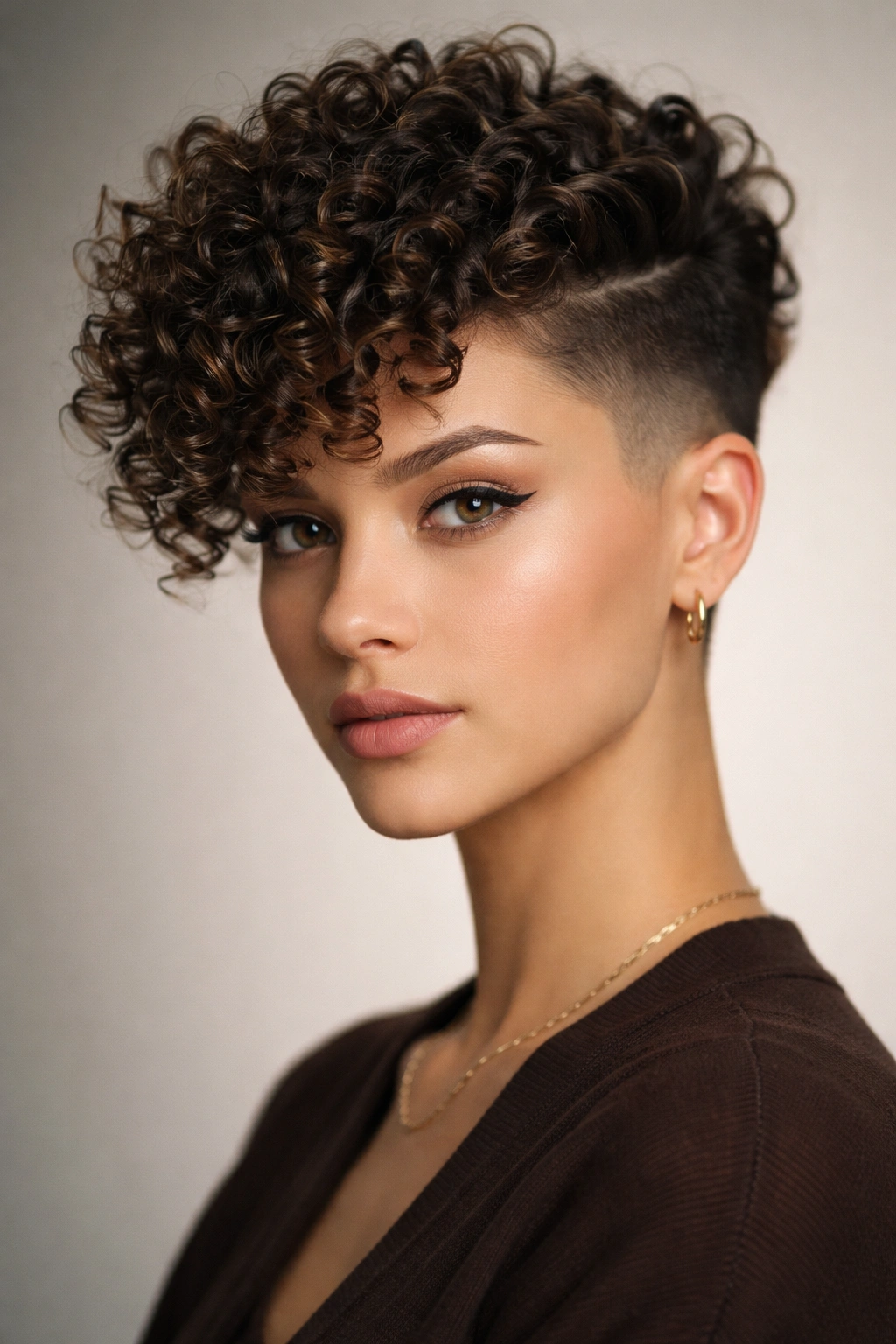Portrait of spiral curls with undercut highlighting defined coils on top