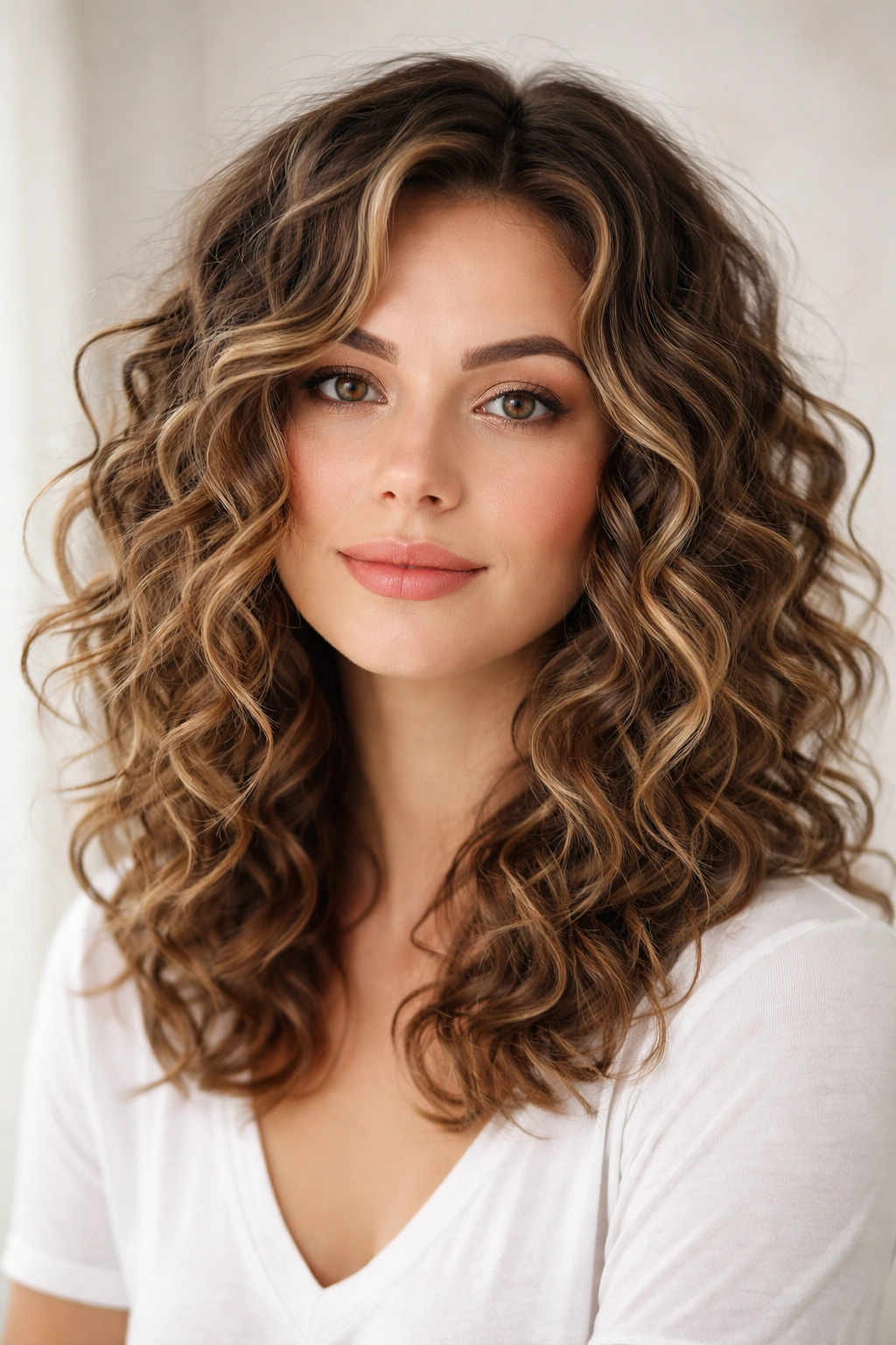 Shoulder-length hair with tight spirals and soft waves, creating multidimensional texture