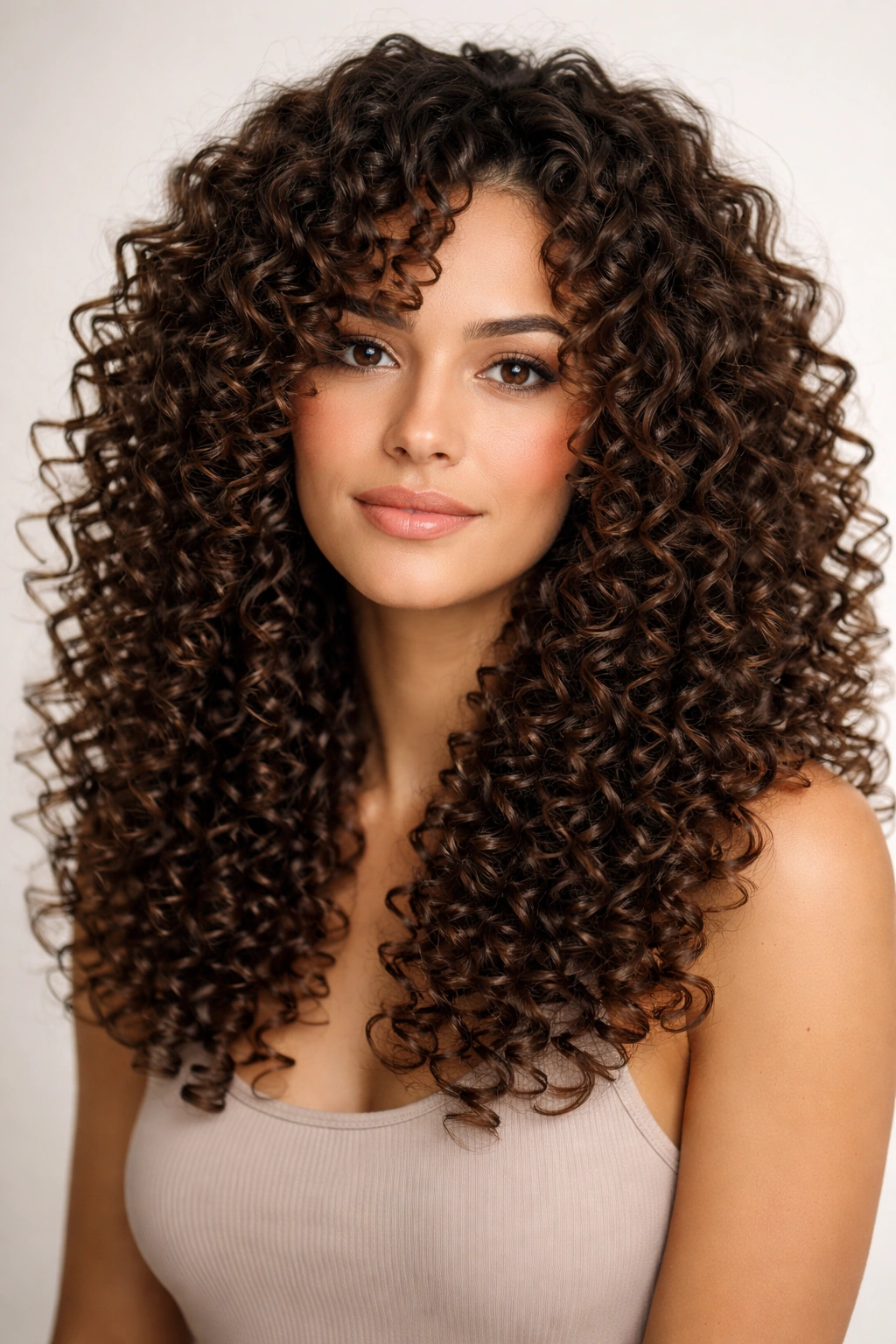 Close-up of The Spiral Perm Effect Cut with tight spirals and dense perimeter