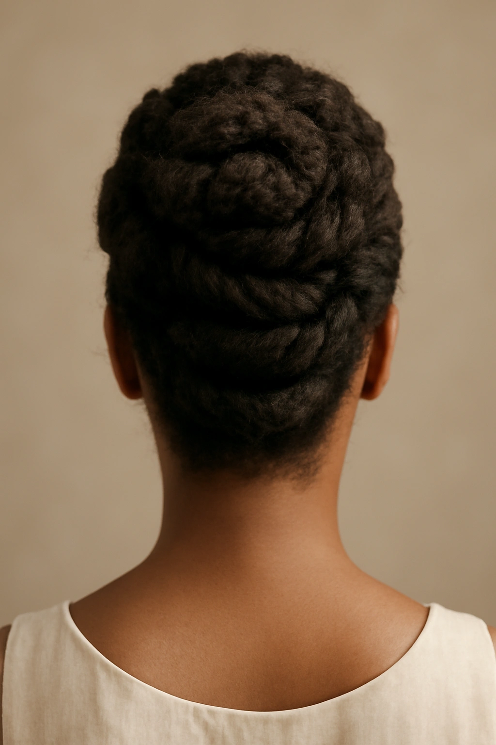 12 Natural Hair Wedding Updos You Need to See 12 Back view of a spiral roll updo showing interconnected spirals and layered texture.