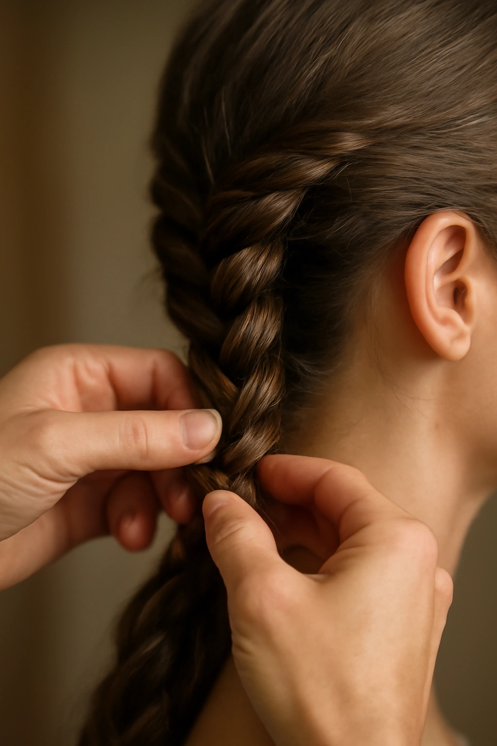 How to Do a Spiral Braid at Home Step by Step 8 Side view of hands maintaining even tension on a spiral braid around the head