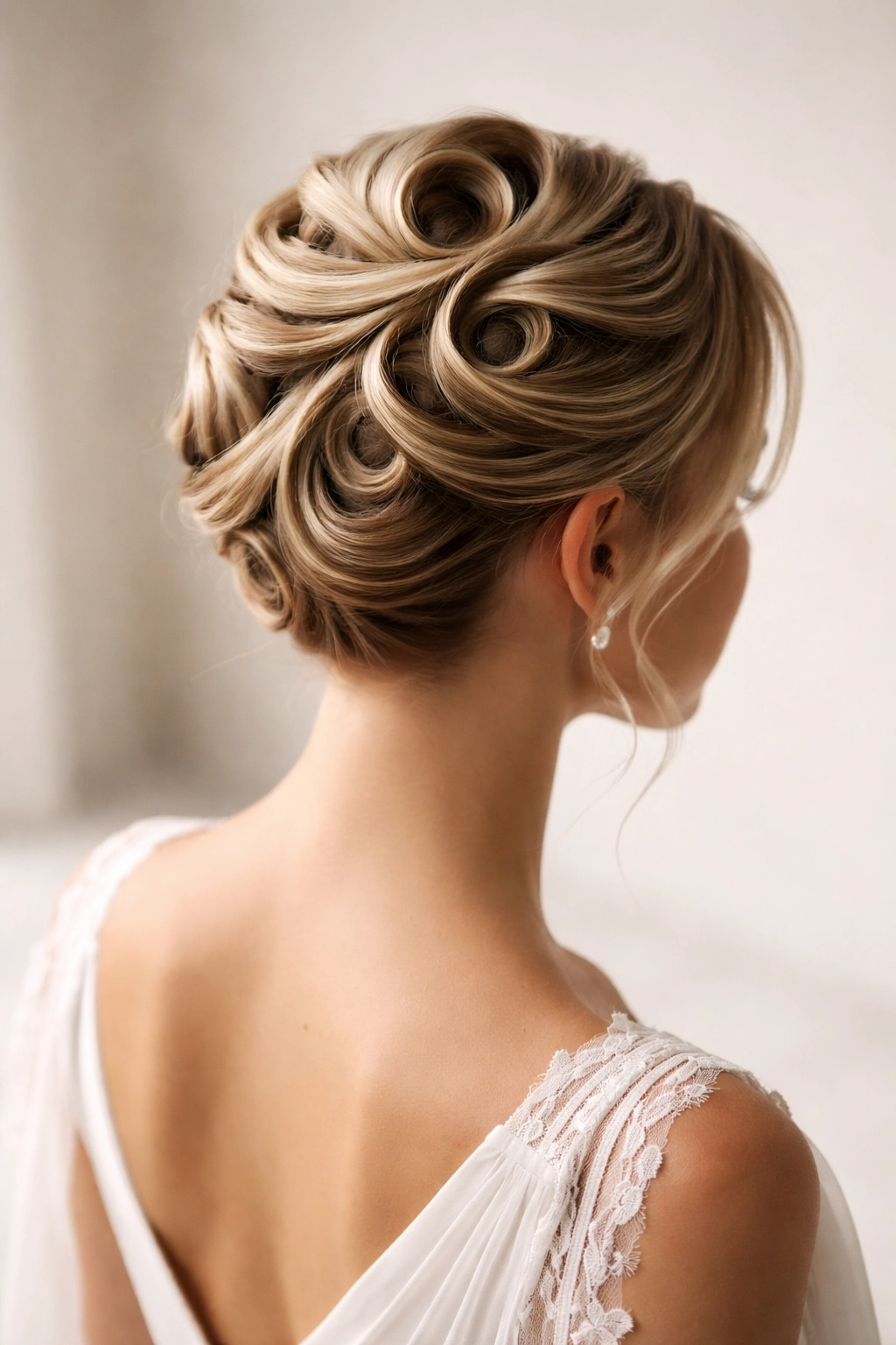 Spiral texture updo with sculptural spirals at crown on short hair