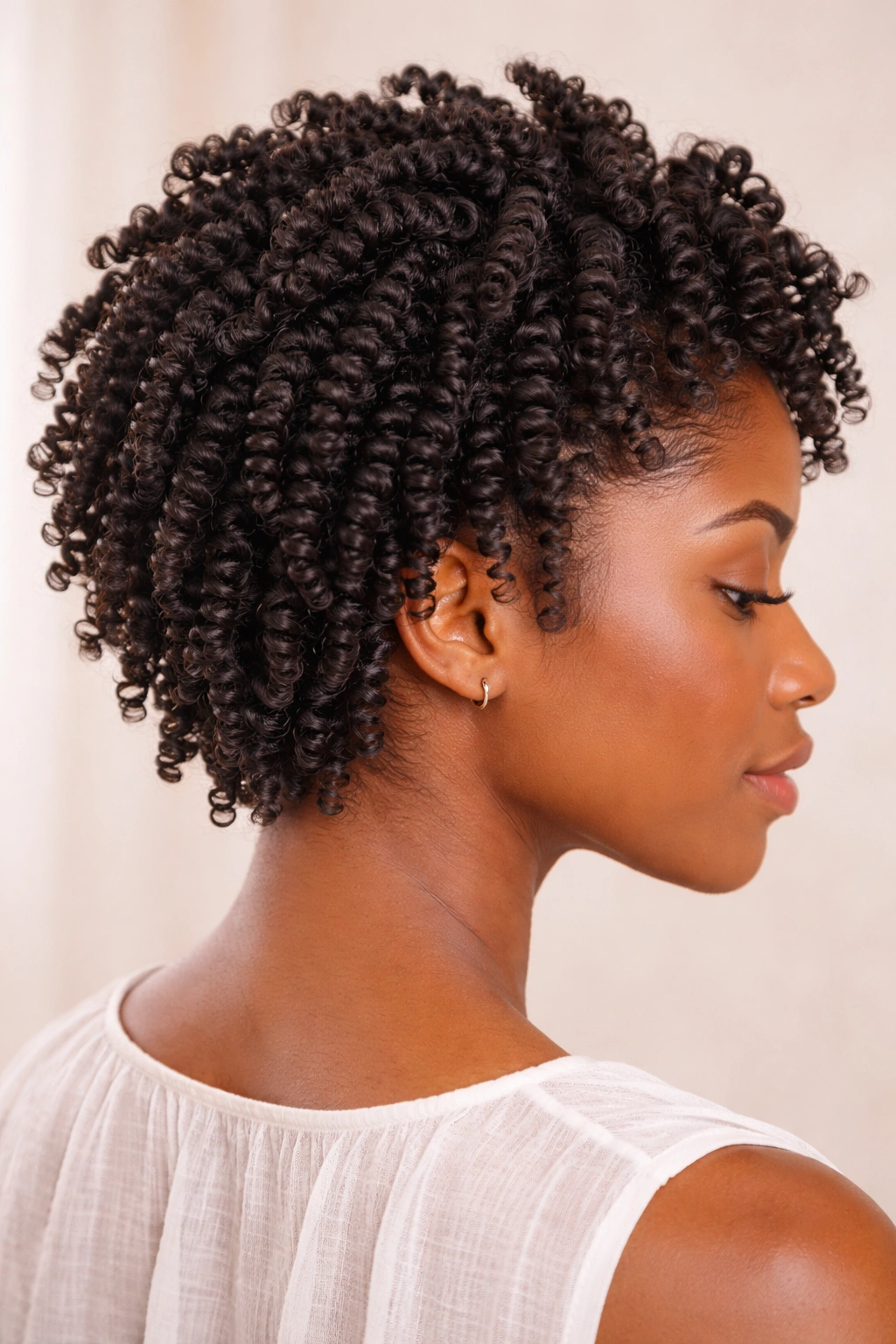 Close-up of tight spiral twists on natural hair in studio lighting