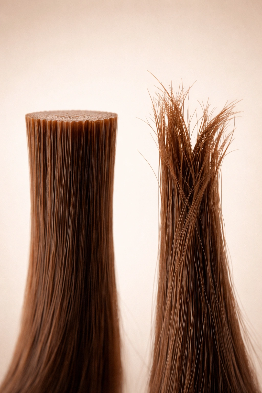 Macro image of two hair tips, one blunt end and one split end