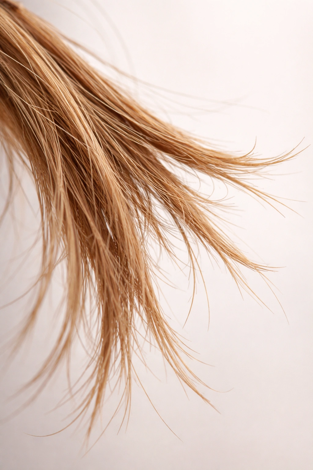 Close-up of split ends on a hair strand indicating damage