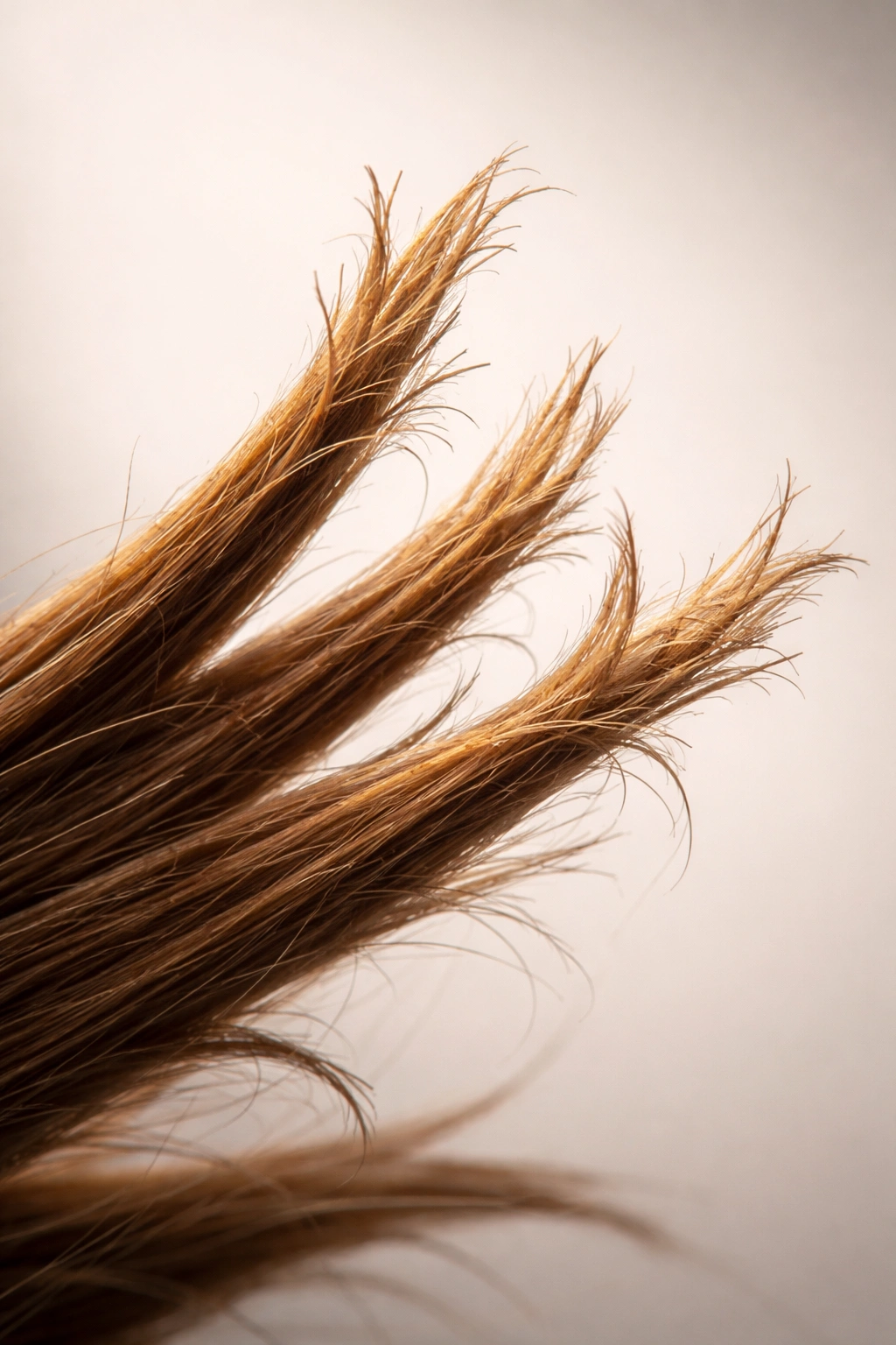 Macro close-up of multiple split ends showing frayed cuticles