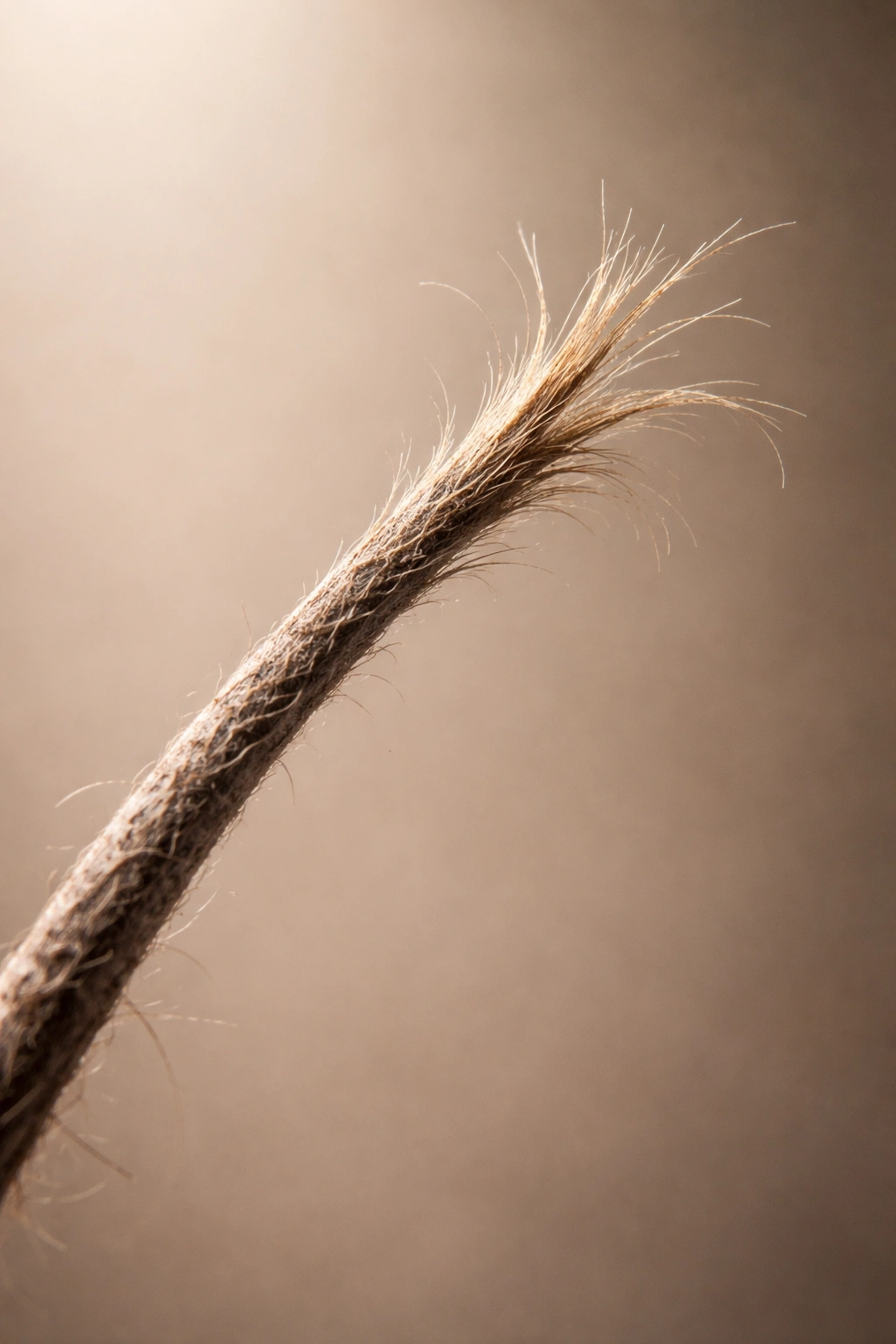 Close-up of a hair strand with a visible split end showing dryness and damage.