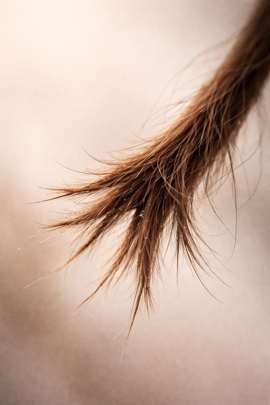 Hair strand with split ends and dull texture showing damage signs