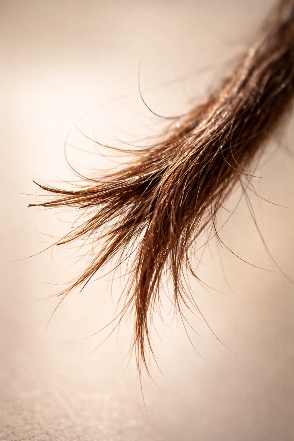 Close-up of hair end with split ends and dull texture