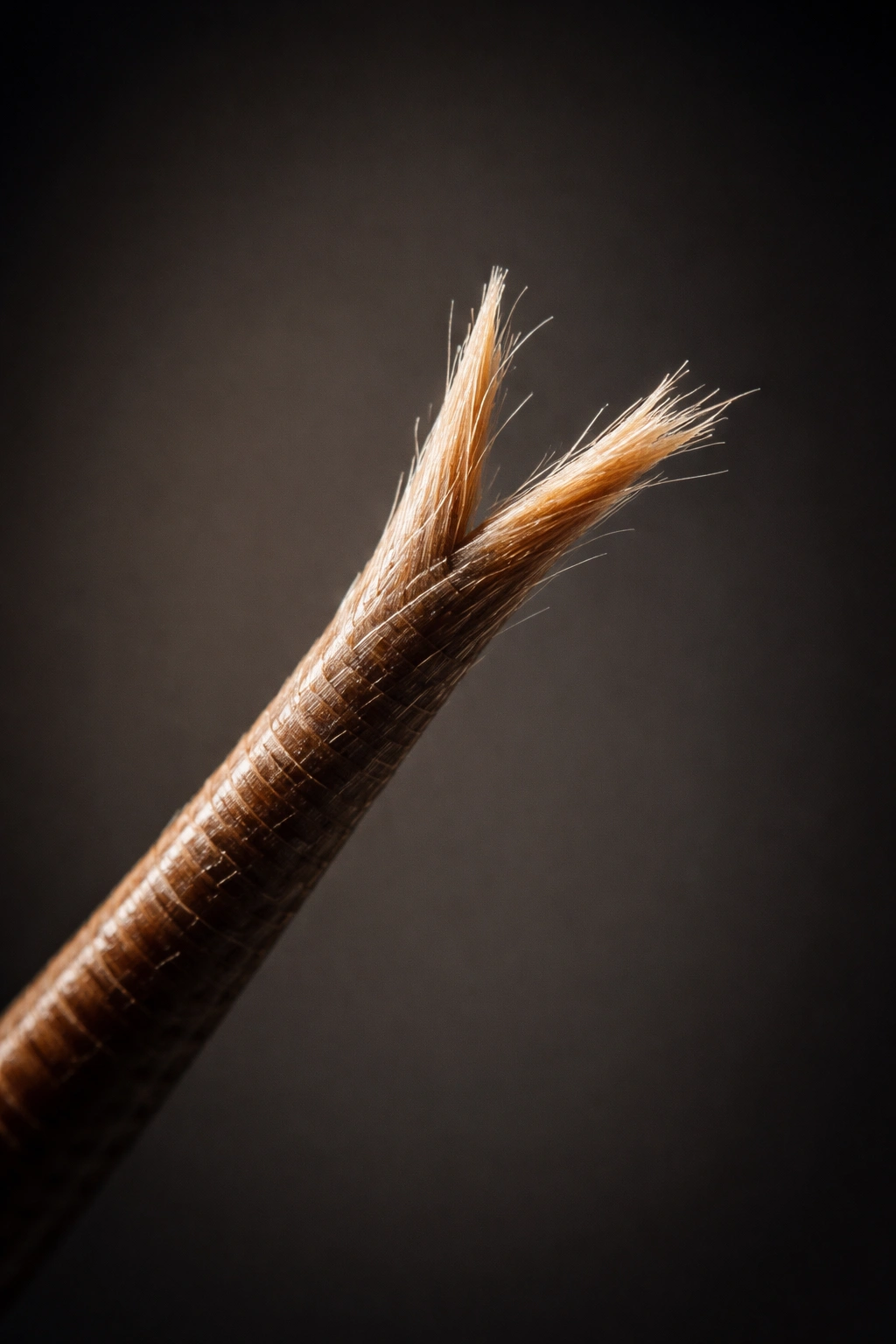 Macro close-up of a hair strand with a visible split end