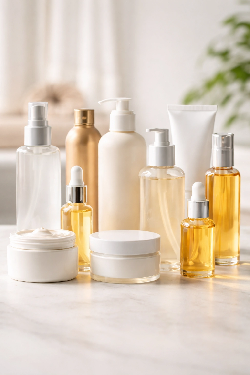 Row of generic no-label hair care bottles showing heat protection, conditioning masks, leave-in conditioner, oils, and protein treatments