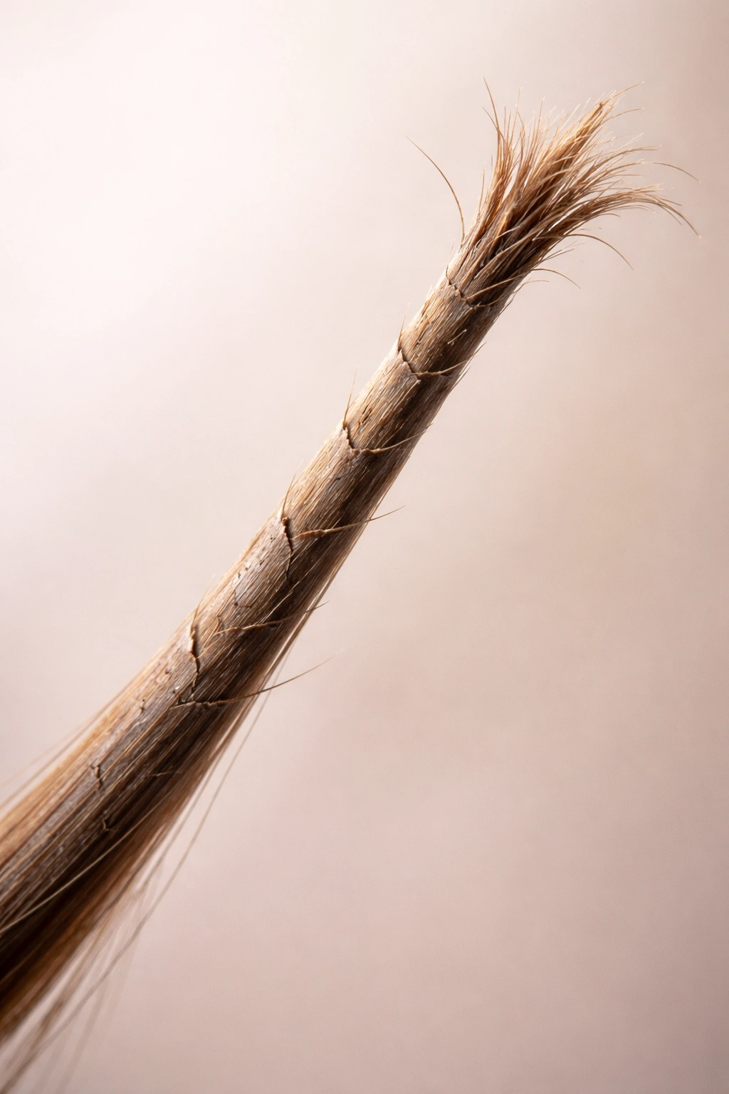 Hair strand with visible split end and cracks along shaft