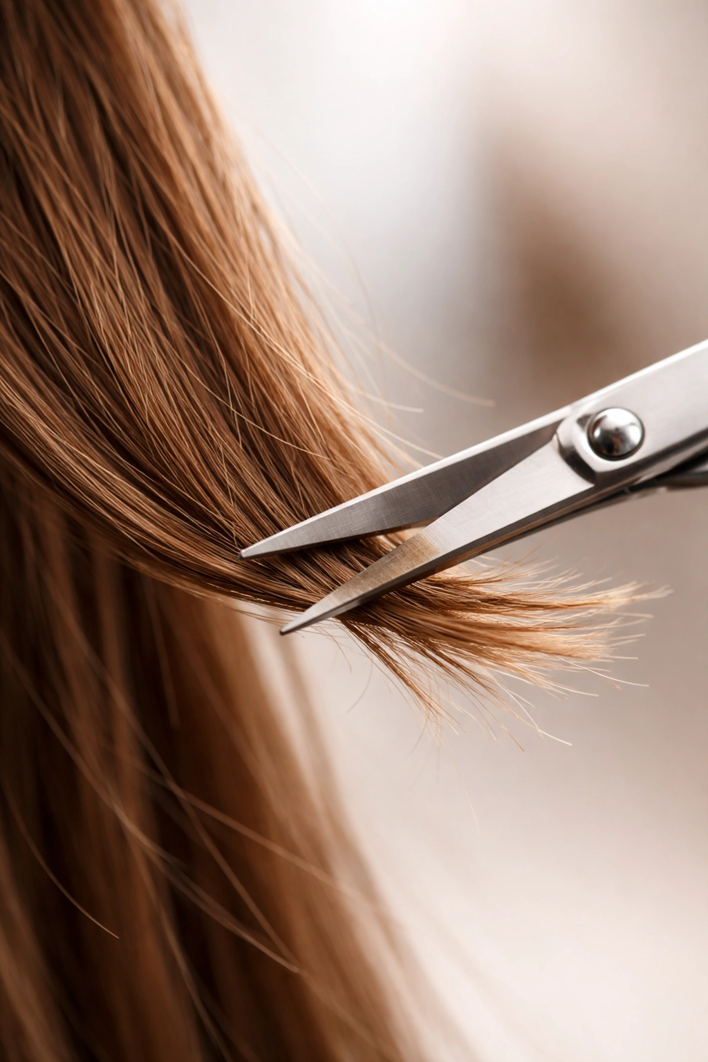 Macro shot of scissors trimming the end of a hair strand to remove split ends