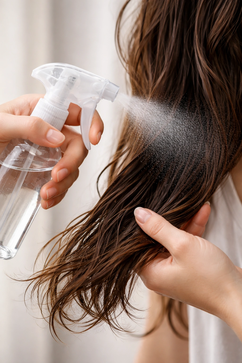 Hands spraying water onto damp hair ends with a spray bottle