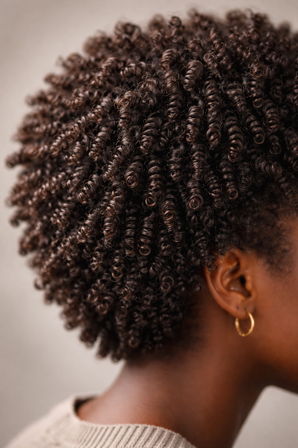 Close-up of Spring Coils and Spirals featuring tight, defined curls on an afro under studio lighting