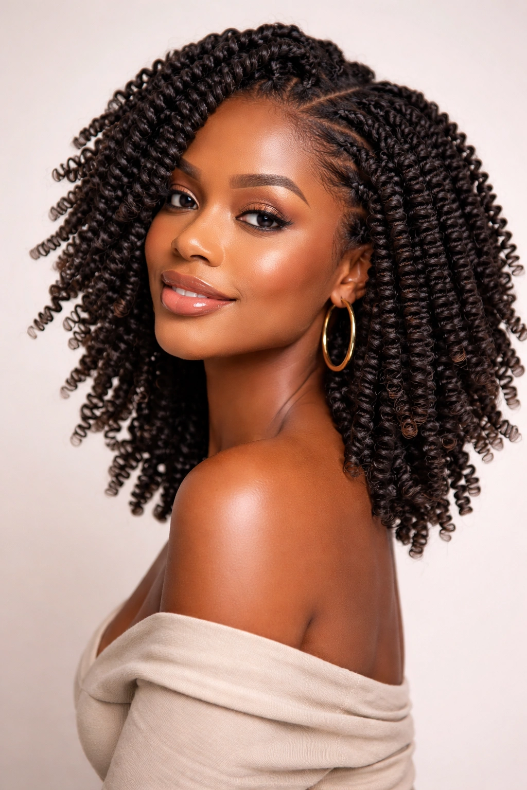 Portrait of spring twists showing coil texture and movement around the head