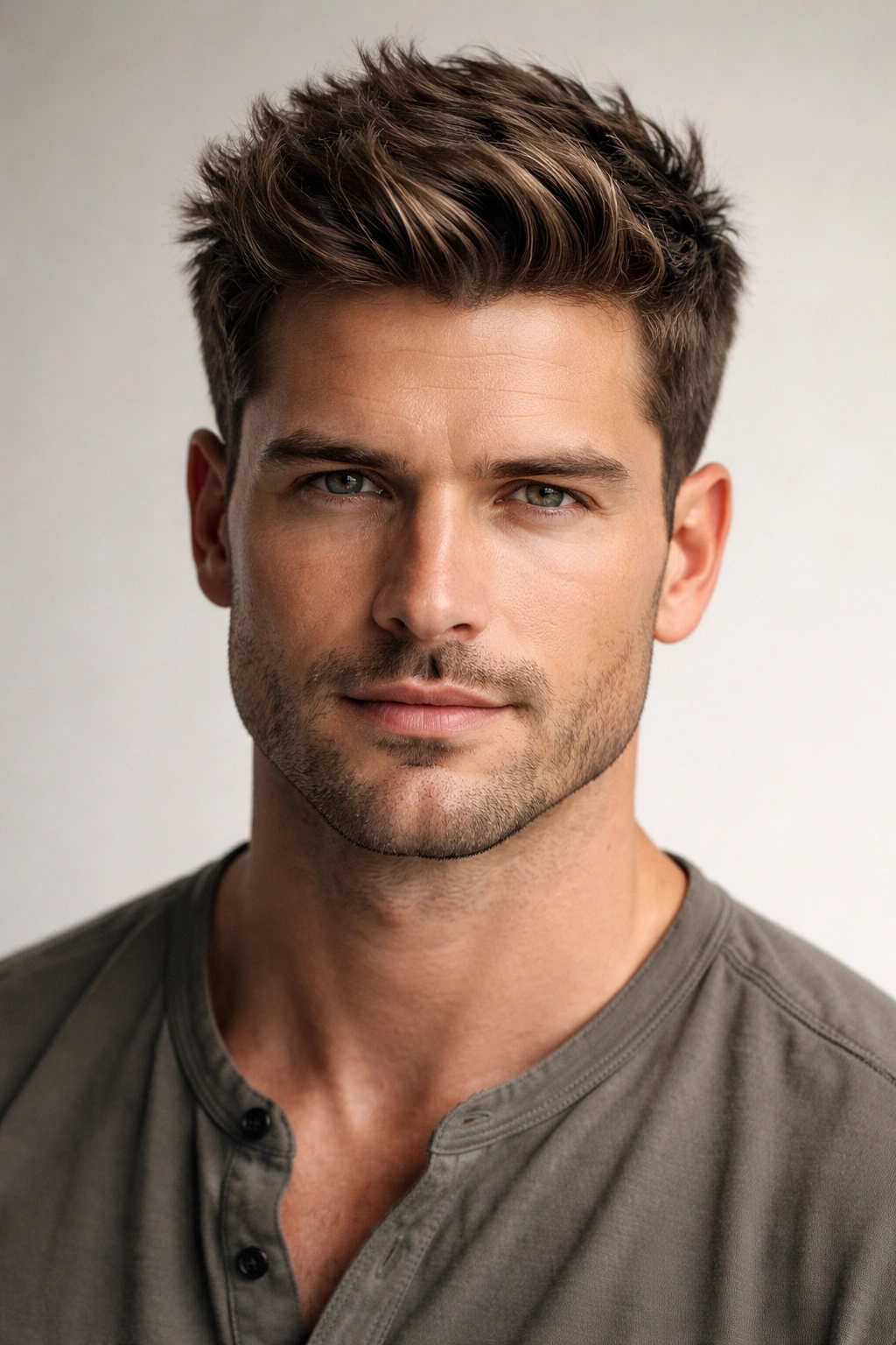 Man with balanced haircut on square face in studio lighting