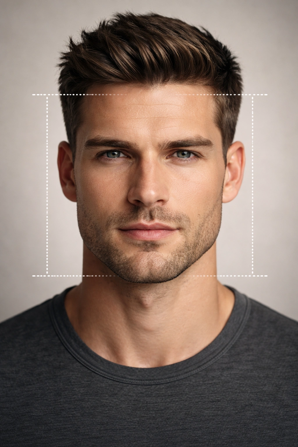 Portrait of man with square jaw and angular features in neutral studio lighting