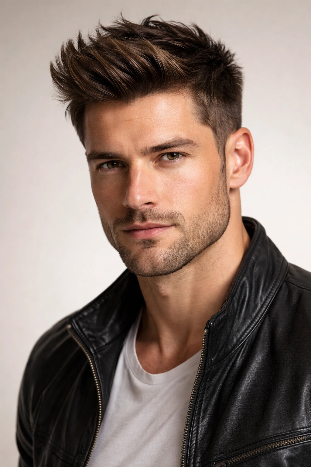 Portrait of a man with square jawline and upward-styled hair