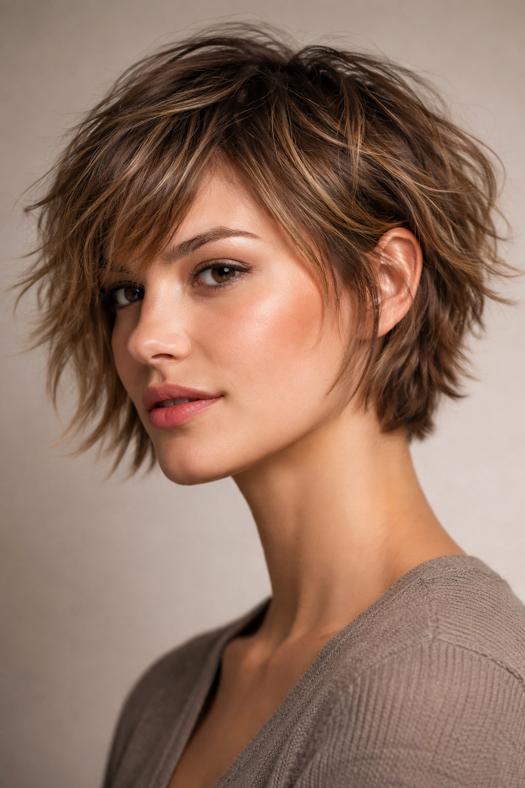 Close-up portrait of a short textured haircut softening a square jawline