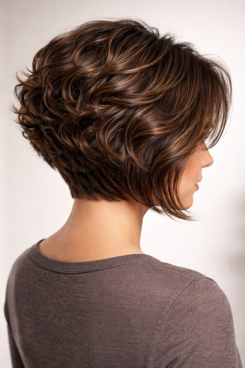 Three-quarter rear view of structured stacked angled bob showing crown height
