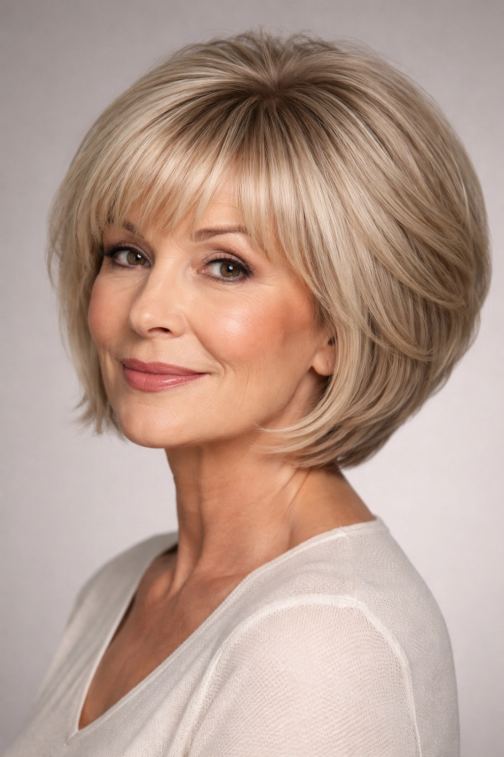 Close-up portrait of a mature woman with a rounded graduated bob and stacked bangs