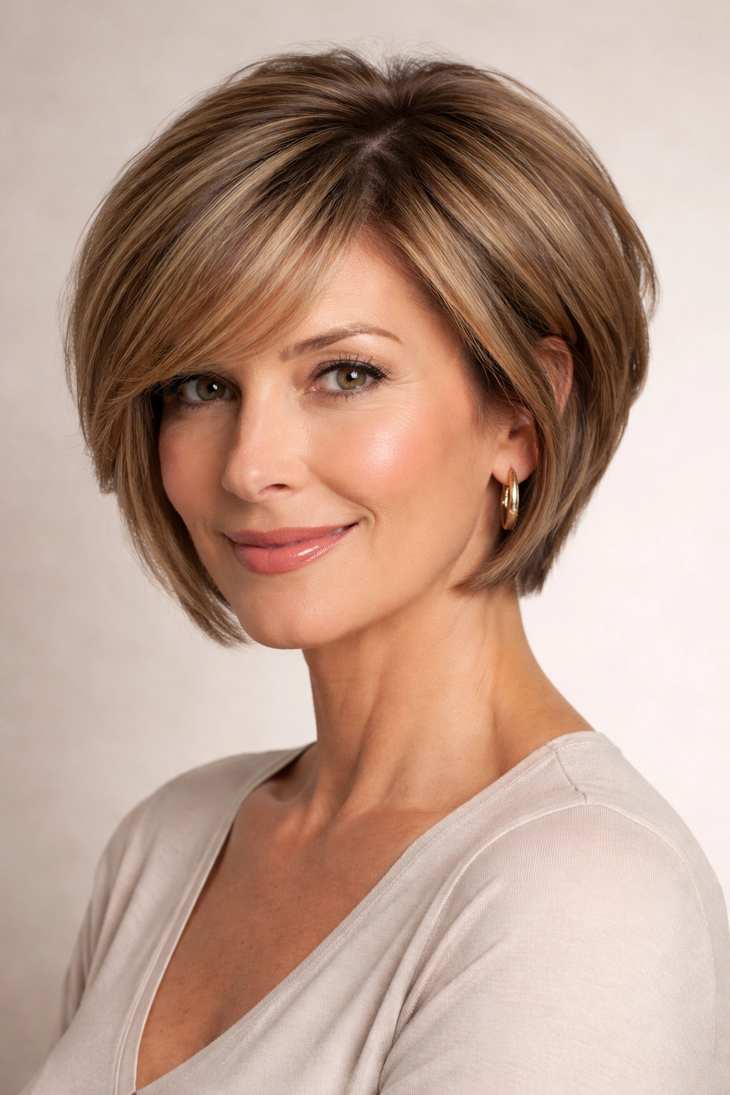 Portrait of a woman with a stacked bob and side-swept bangs.