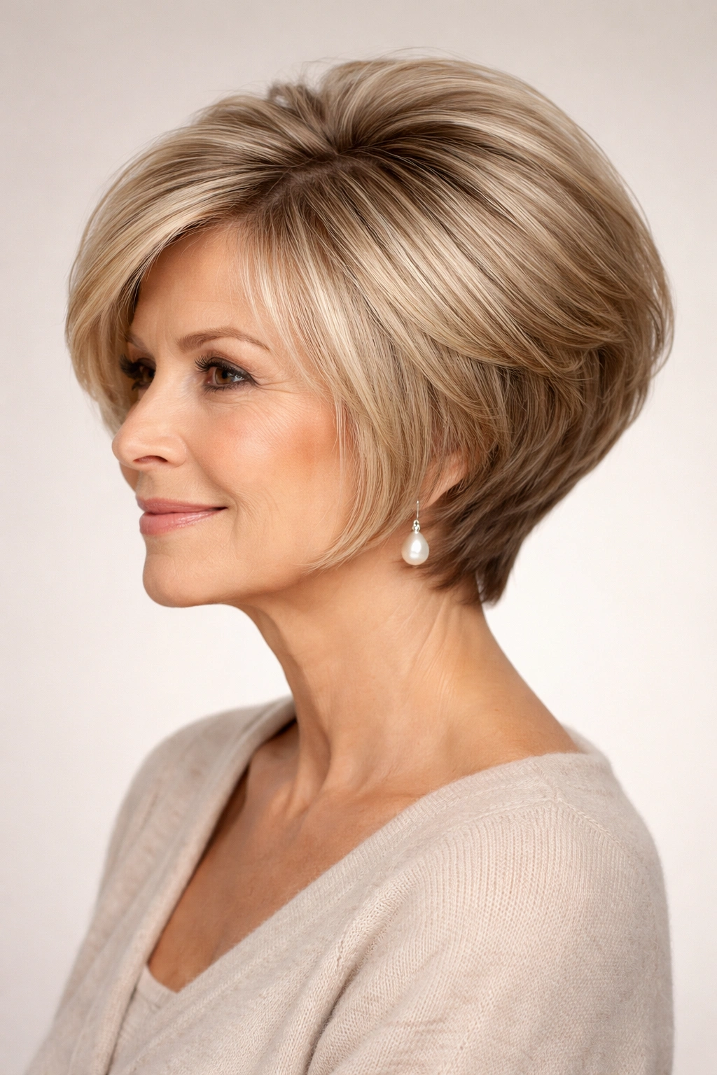 Stacked bob with crown volume shown on a head-and-shoulders portrait with short back and longer front pieces