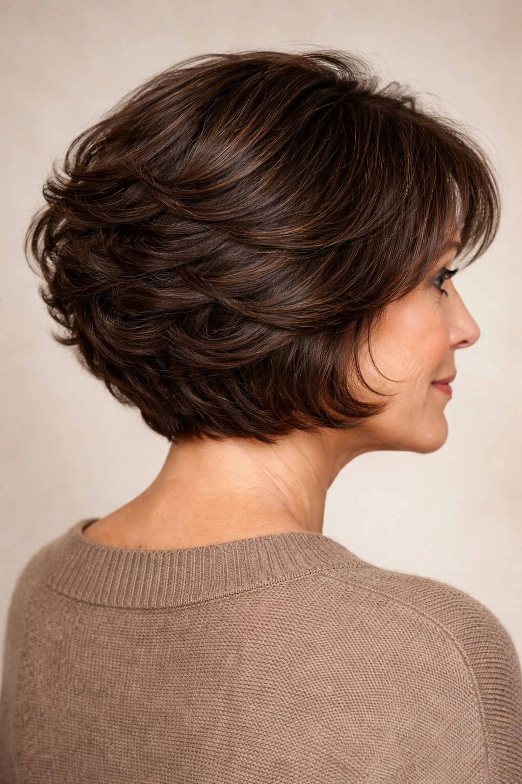 Voluminous stacked bob in dark brown with back layers and loose waves