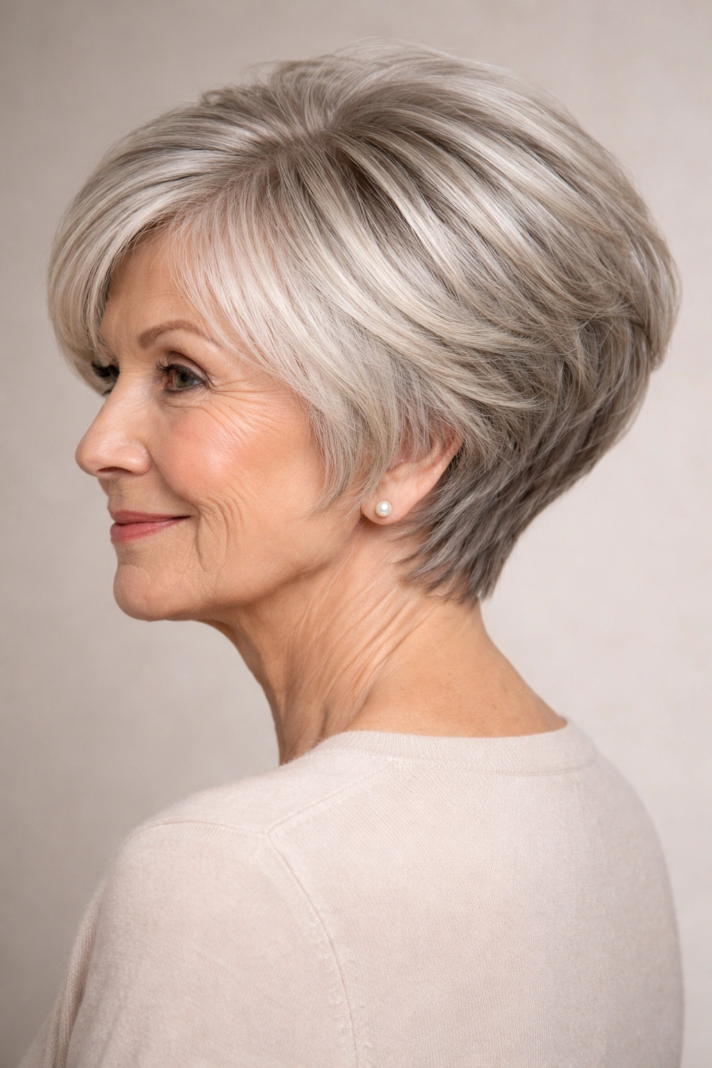 Stacked bob hairstyle with crown lift and back layers