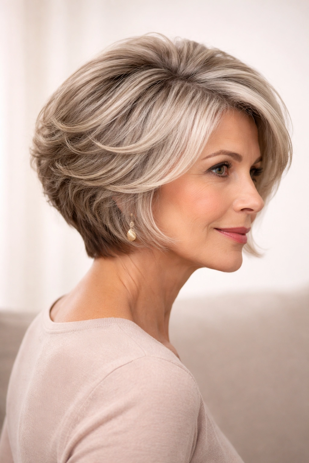 Stacked bob with graduation showing crown lift and face-framing pieces