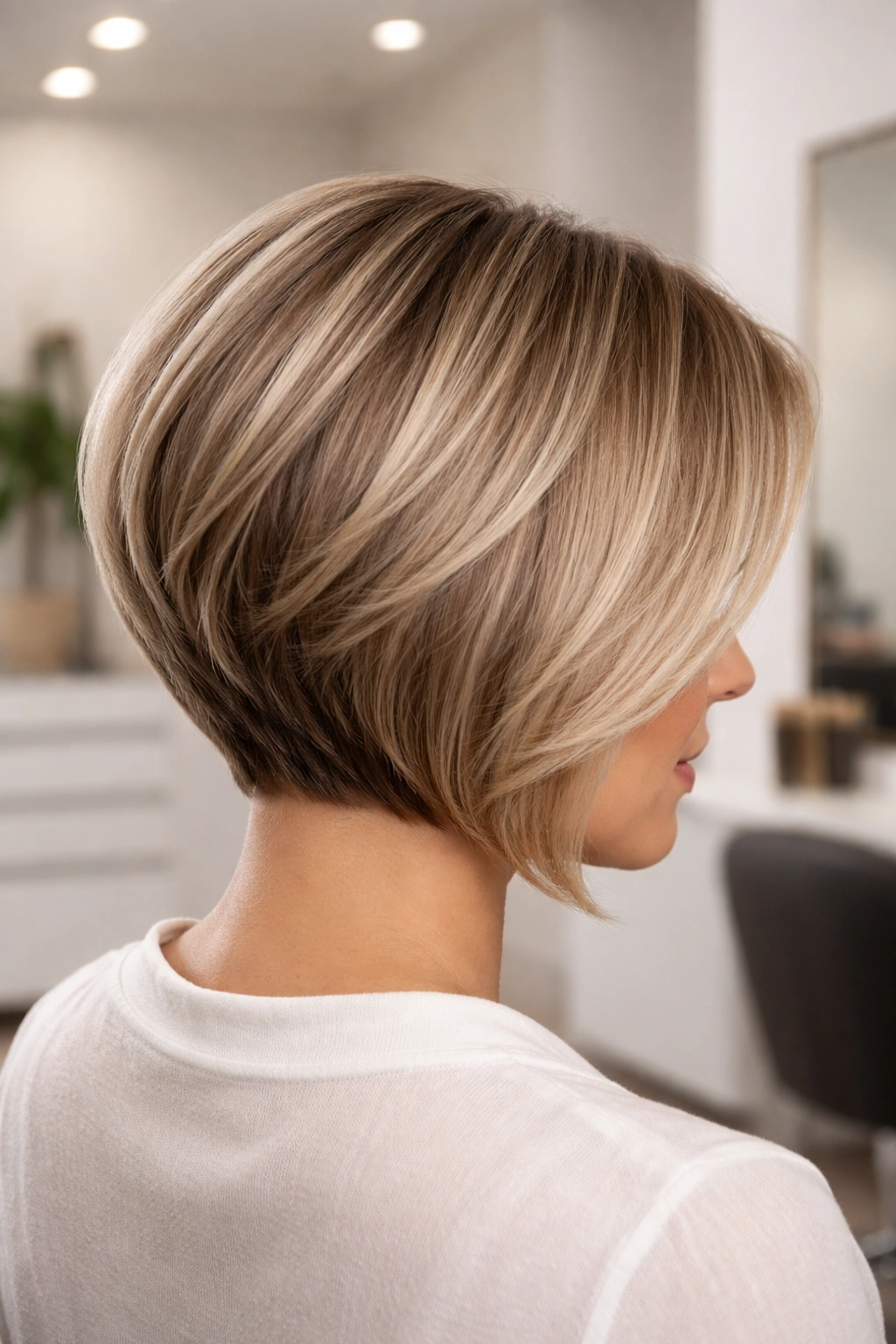 Back view close-up of stacked angled bob highlighting back layering and front pieces in a salon