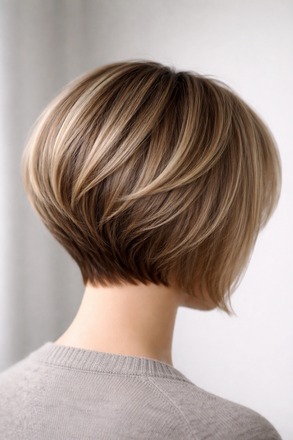 Close-up of a short stacked bob with lift in the back on a mannequin head, showcasing stacked layers and volume