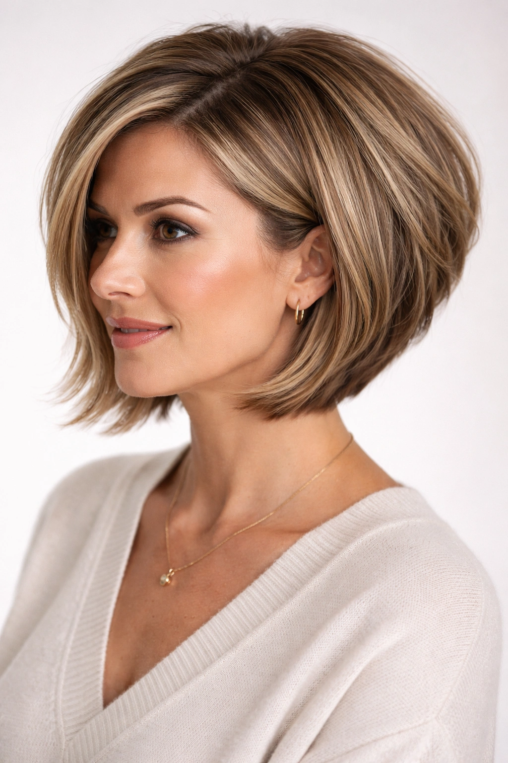 Back and side view of a stacked bob with textured ends