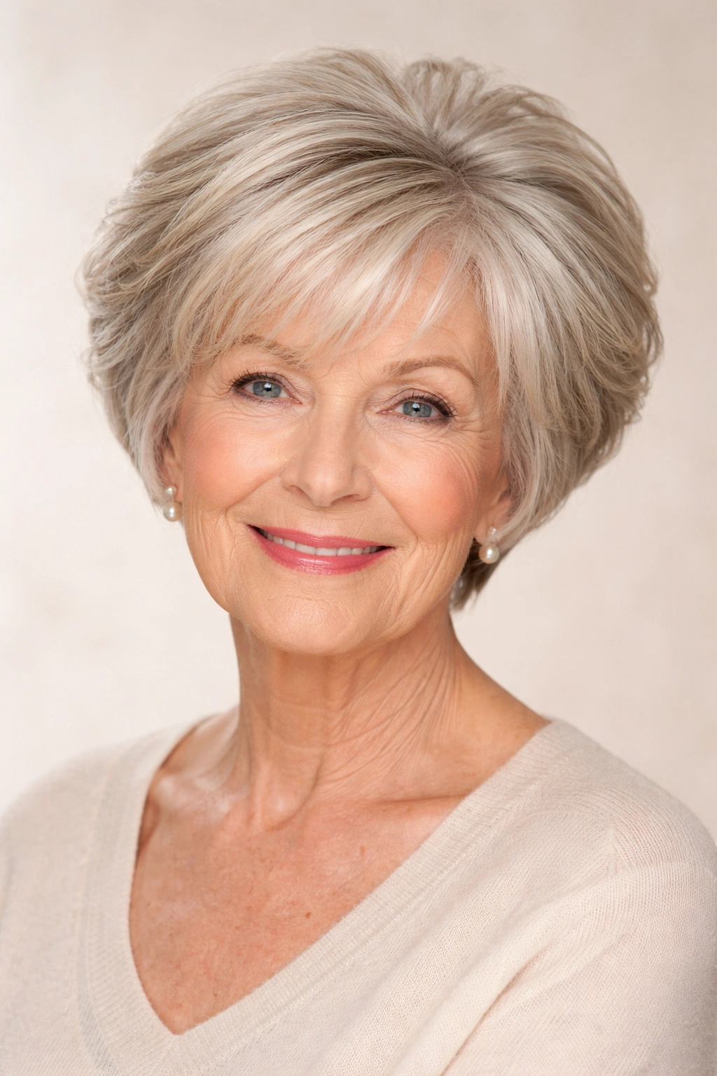 Elderly woman with stacked bob showing back layers for fullness.