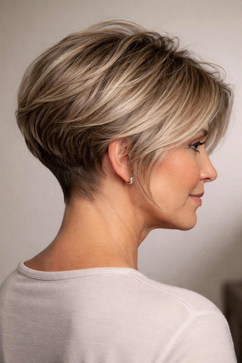 Close-up of stacked bob with undercut on thick hair