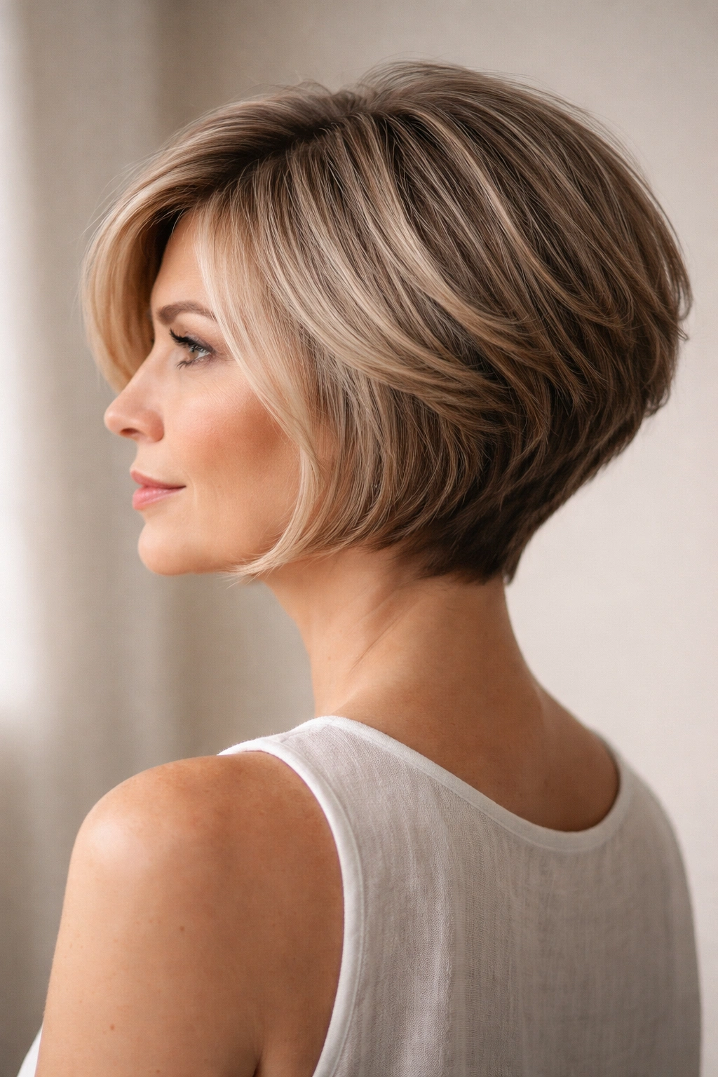 Back view of stacked bob showing short stacked layers and volume