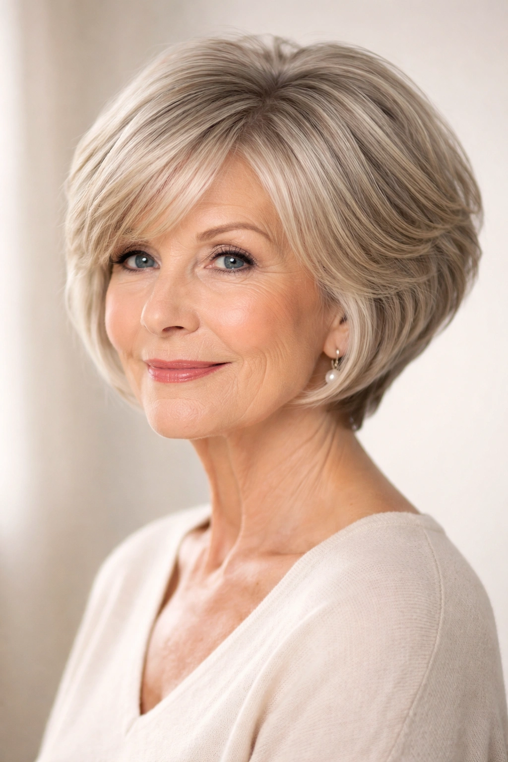 Portrait of a woman with a stacked bob adding volume at the crown.