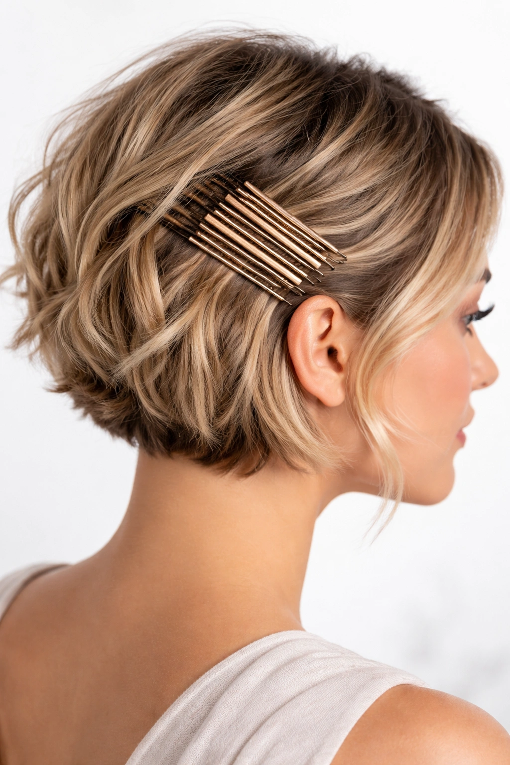 Close-up of stacked bobby pins forming a dimensional cluster on short textured hair