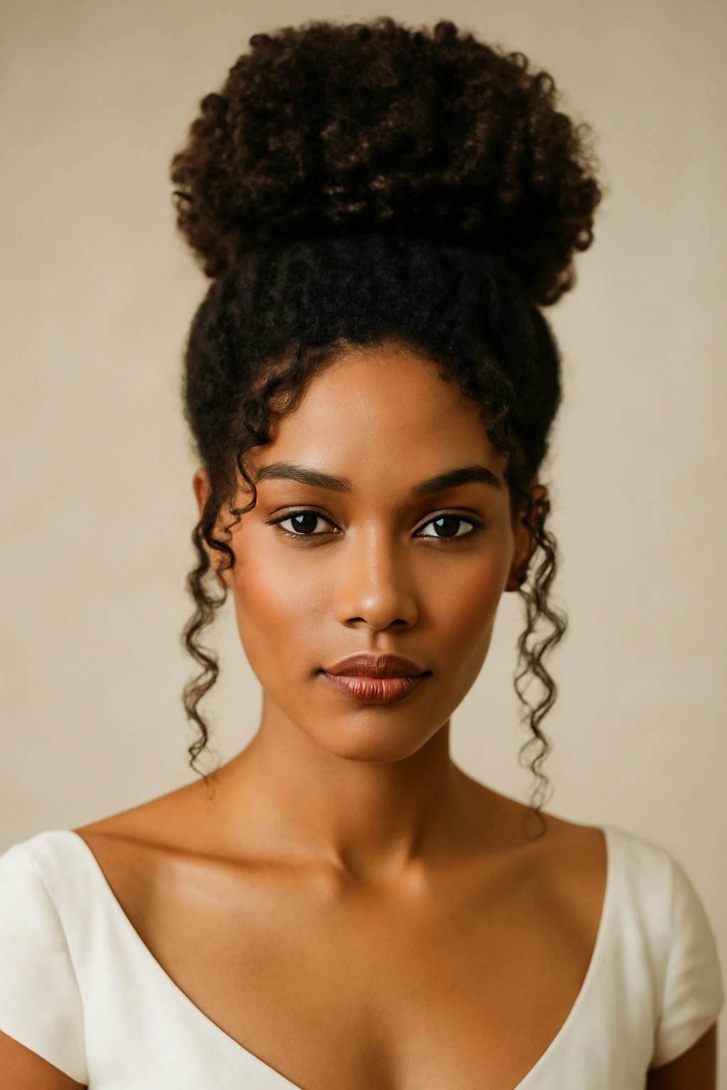 12 Natural Hair Wedding Updos You Need to See 1 Close-up of stacked high bun with face-framing tendrils showing natural curls in bridal updo