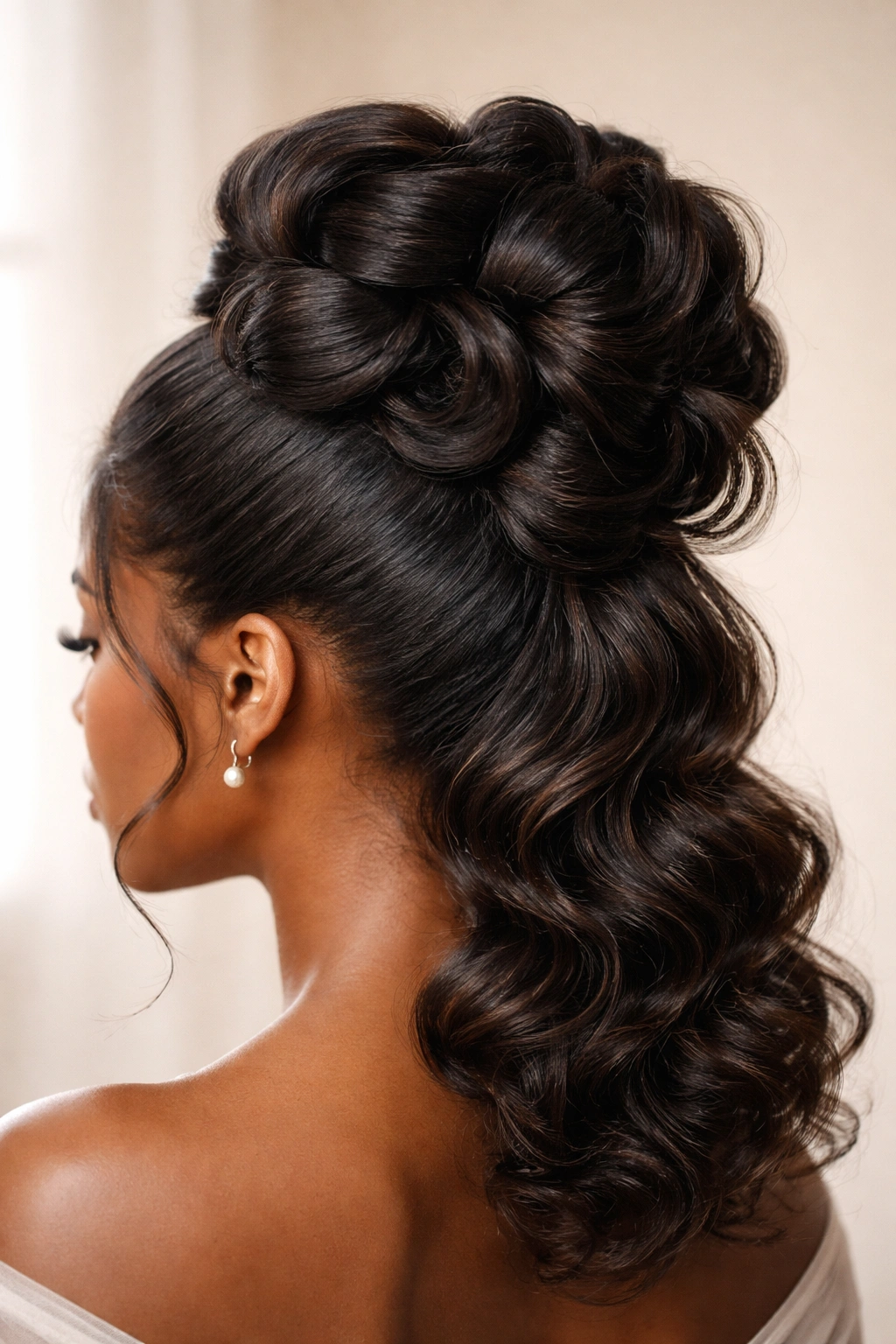 Stacked buns with rippled waves, wedding updo in three-quarter view
