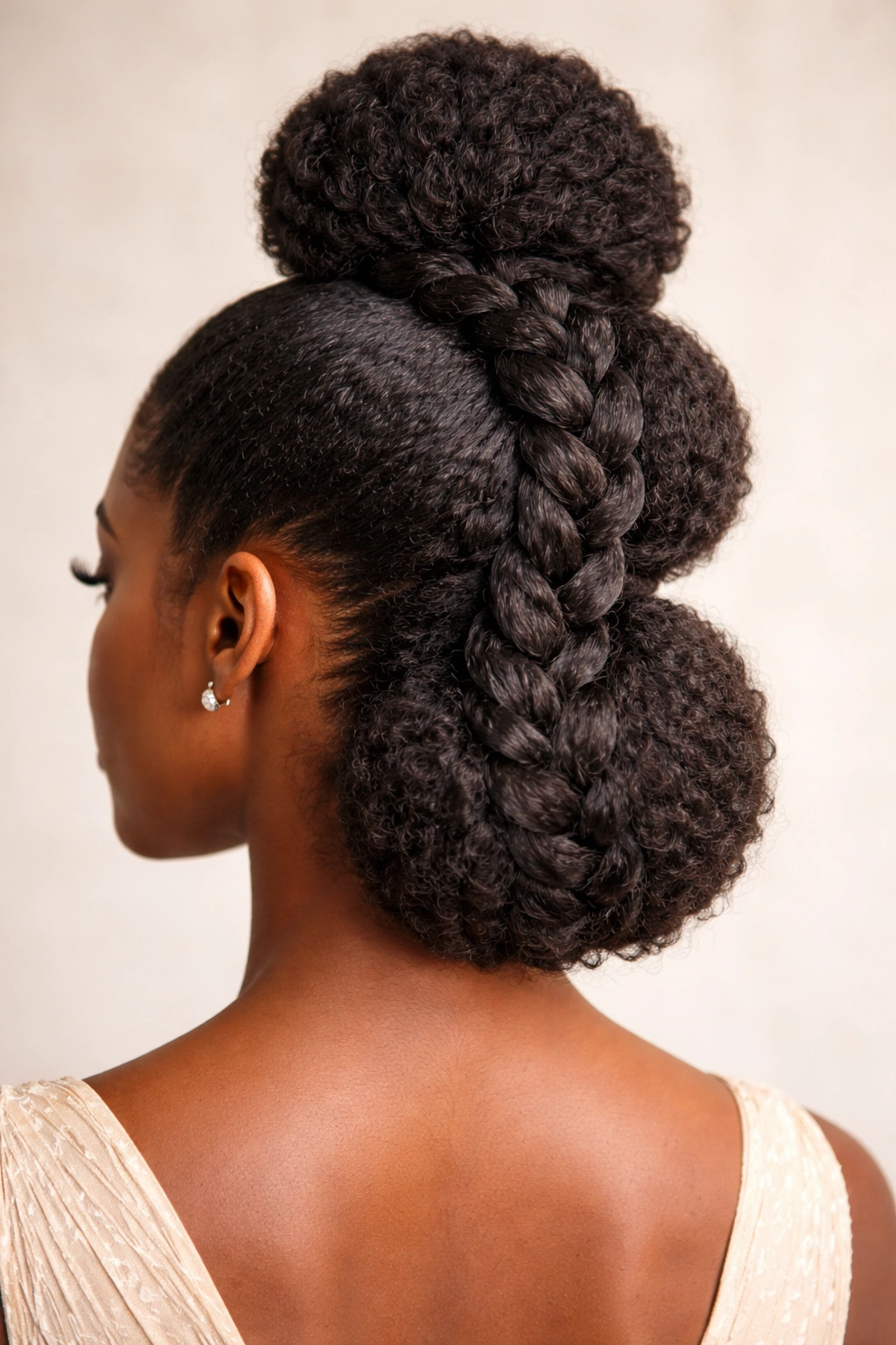 Three stacked buns with a braided detail for a bold, sculptural updo