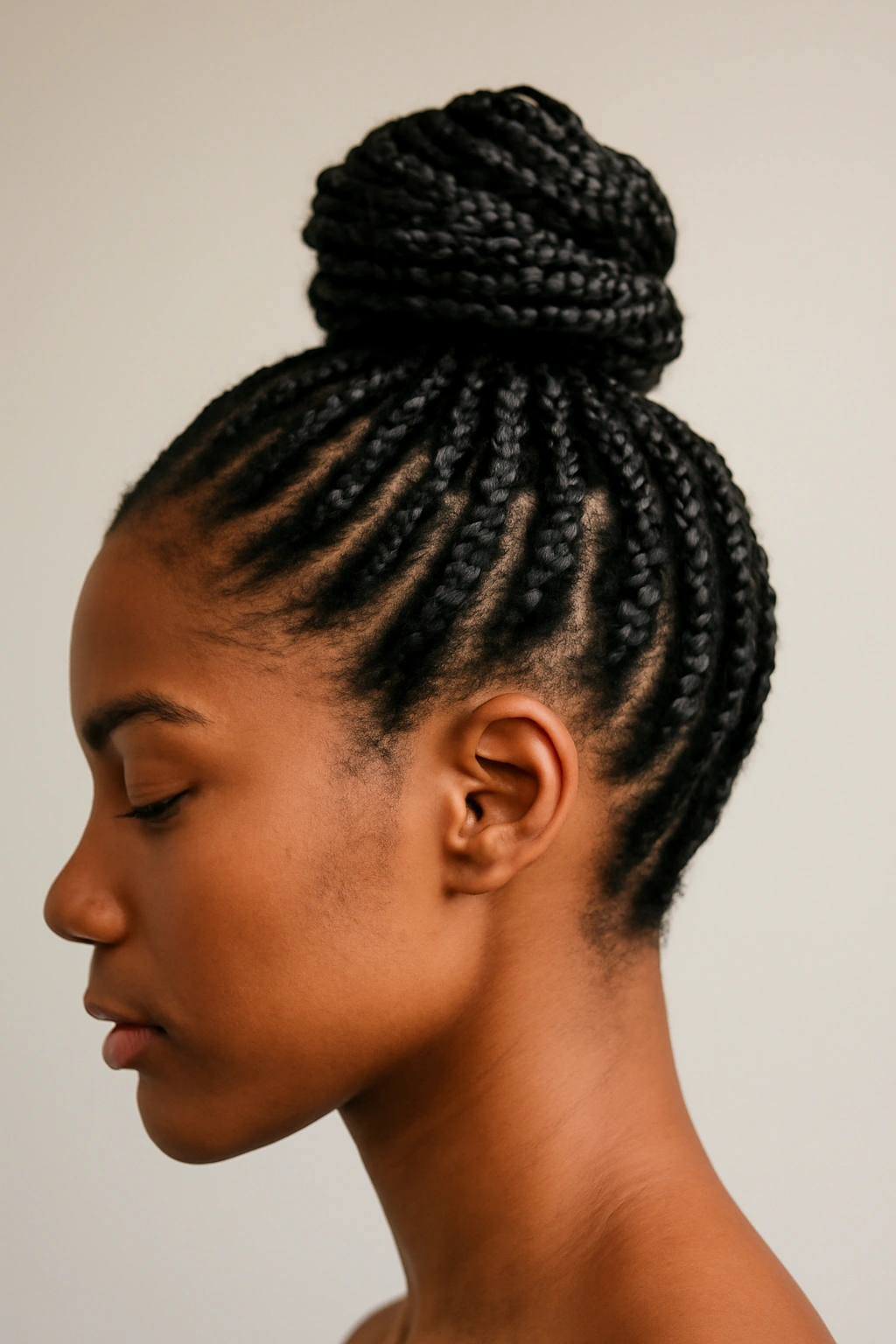 12 Short Box Braid Styles That Look Neat and Polished 7 Close-up of stacked buns created from short box braids along the crown