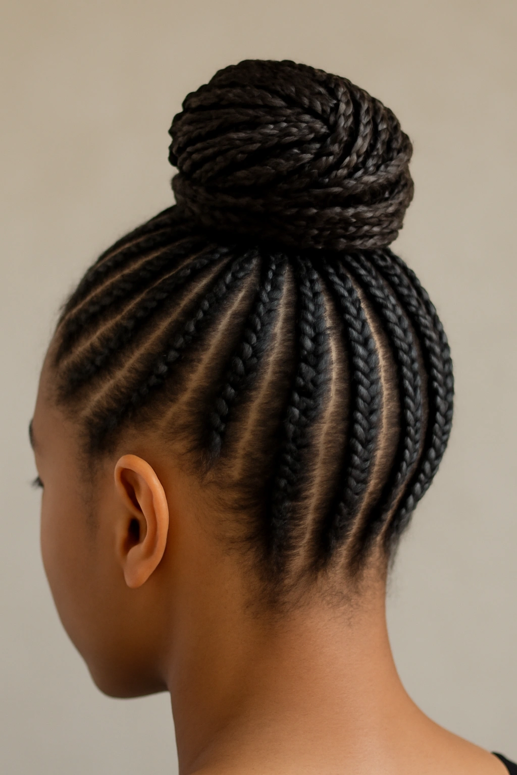 10 Cornrow Styles That Look Amazing on Short Hair 7 Close-up of stacked cornrows converging into a crown bun on short hair.