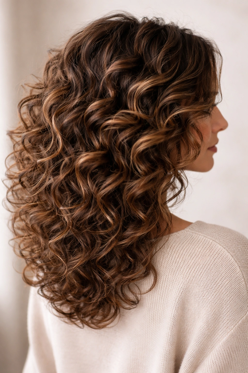 Close-up of stacked curls showing layered volume at crown