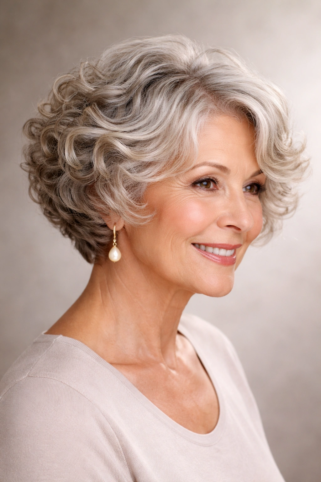 Close-up of short stacked curly bob with graduated back