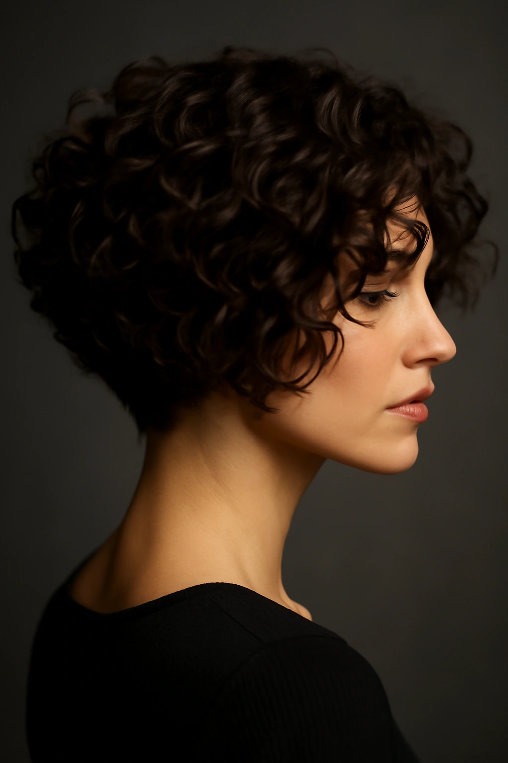 Stacked curly bob with shorter nape showing graduation and lift on a model